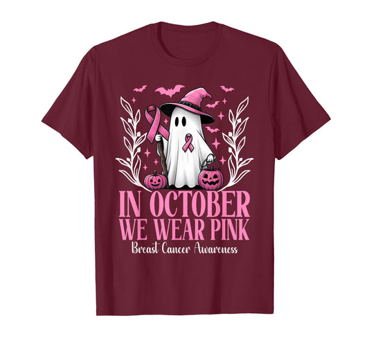 In October We Wear Pink Breast Cancer Witch Ghost Halloween T-Shirt
