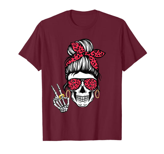 Boho Skeleton Peace Sign Messy Bun Bandana Halloween Apparel T-Shirt