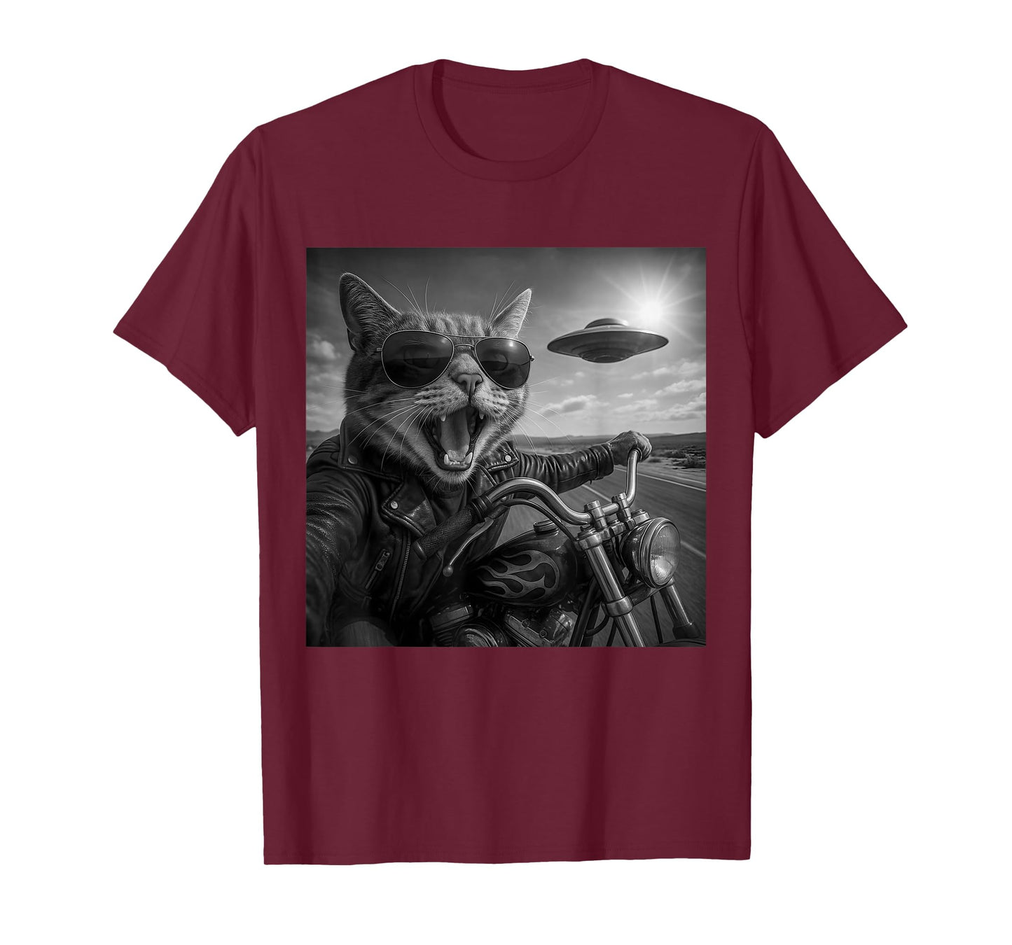 Funny Cat Biker Motorcycle Cat Selfie UFO Aliens Men Women T-Shirt