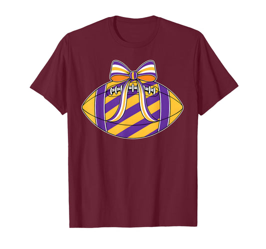 Purple Yellow Football Coquette Bow Game Day Football Mom T-Shirt