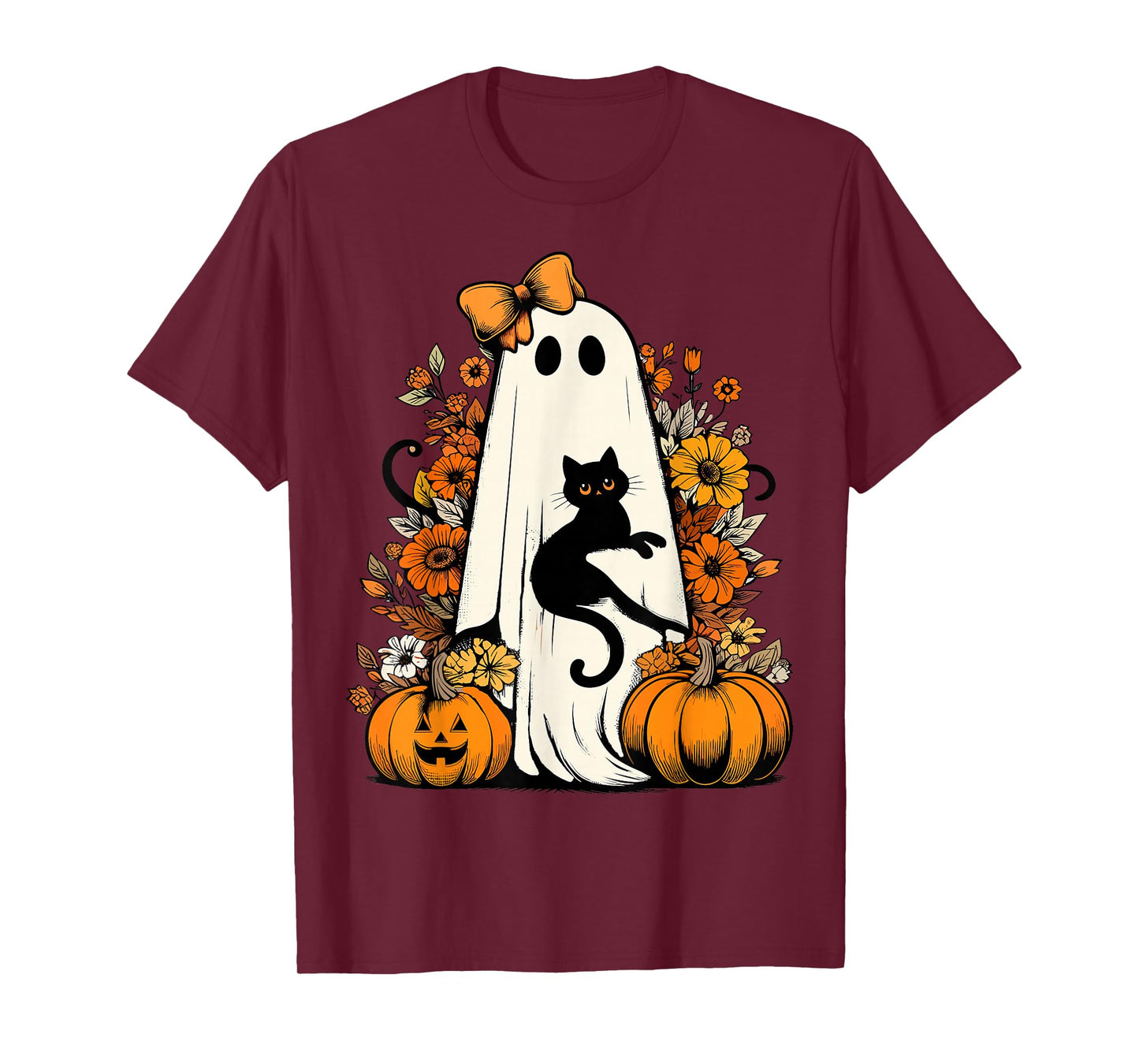 Retro Halloween Ghost Holding Black Cat Floral Halloween Cat T-Shirt