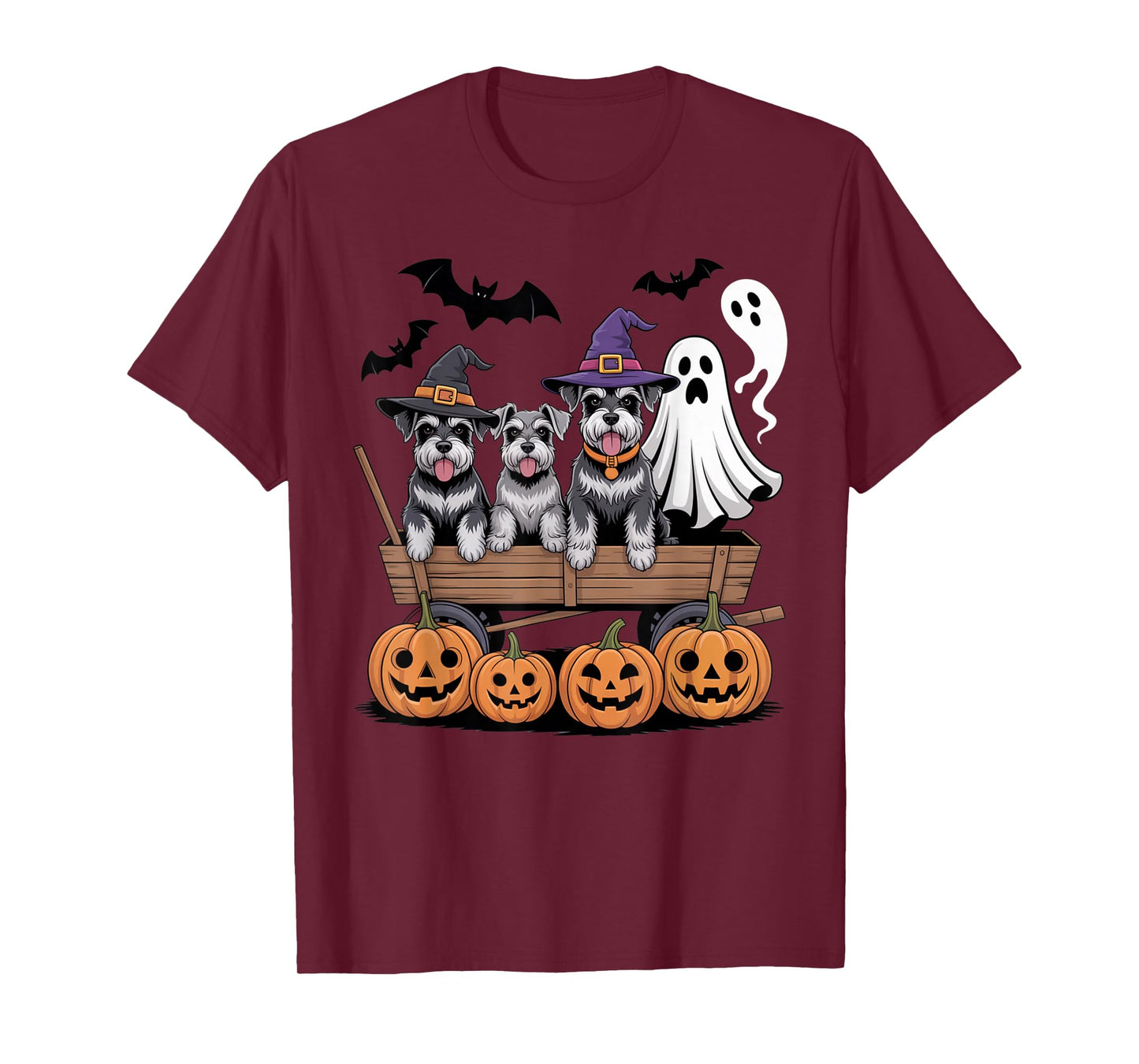 Schnauzer Halloween Wagon Ghost Witch Hats Bats Pumpkins T-Shirt