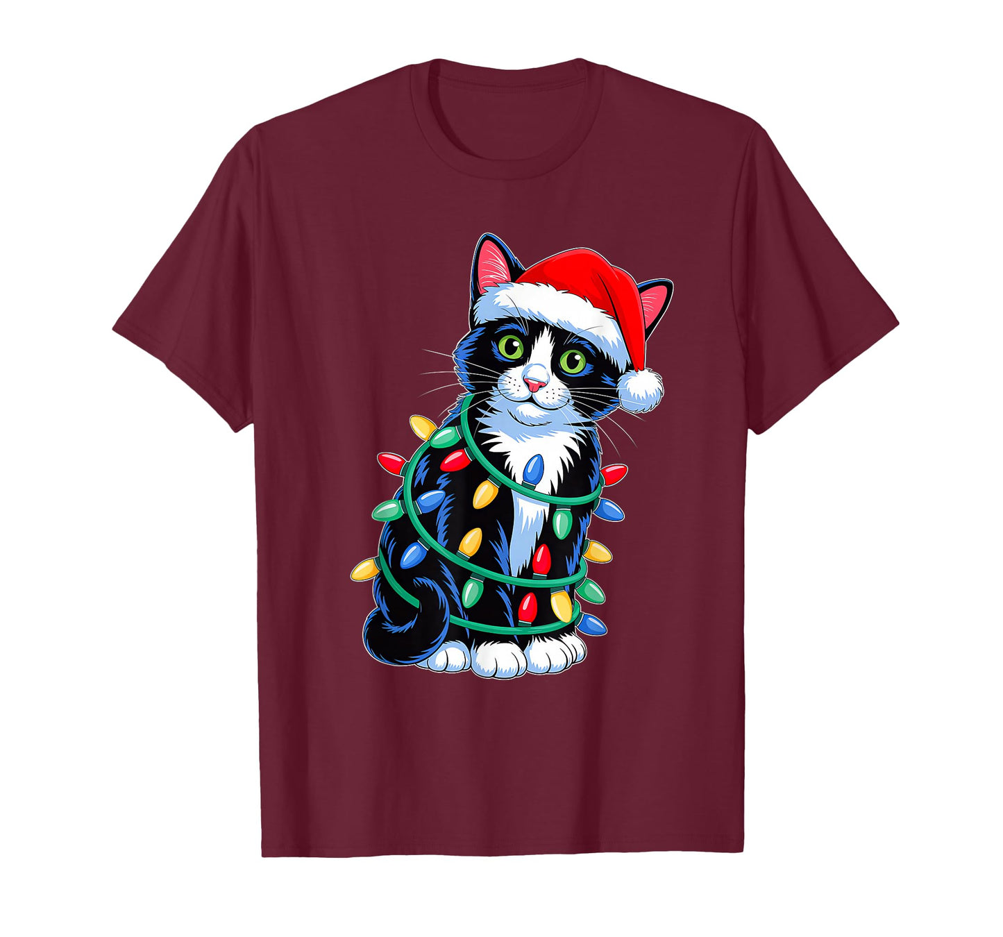 Black Cat Christmas Lights Santa Hat Xmas Family Men Women T-Shirt