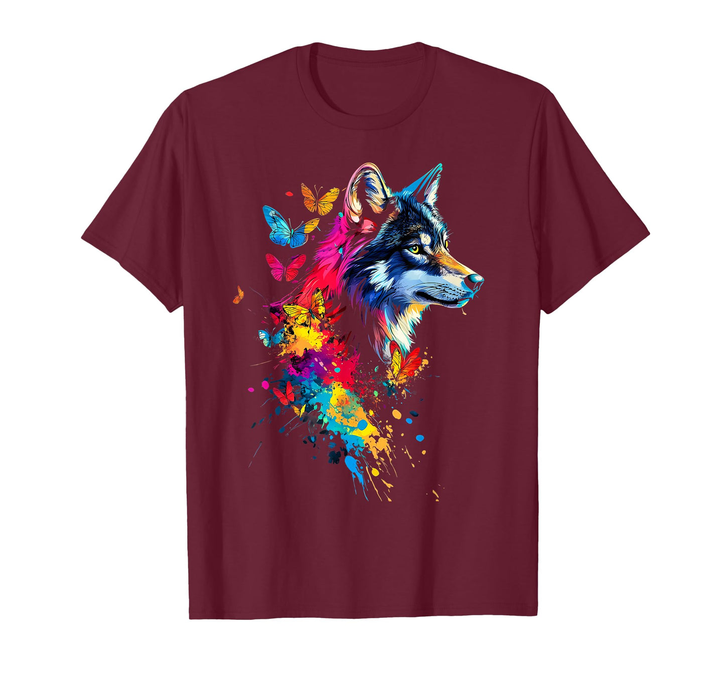 Wolf Colorful Butterflies Art T-Shirt