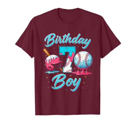 Baseball 7 Year Old Ice Cream Drip 7th Birthday Boy Number 7 T-Shirt