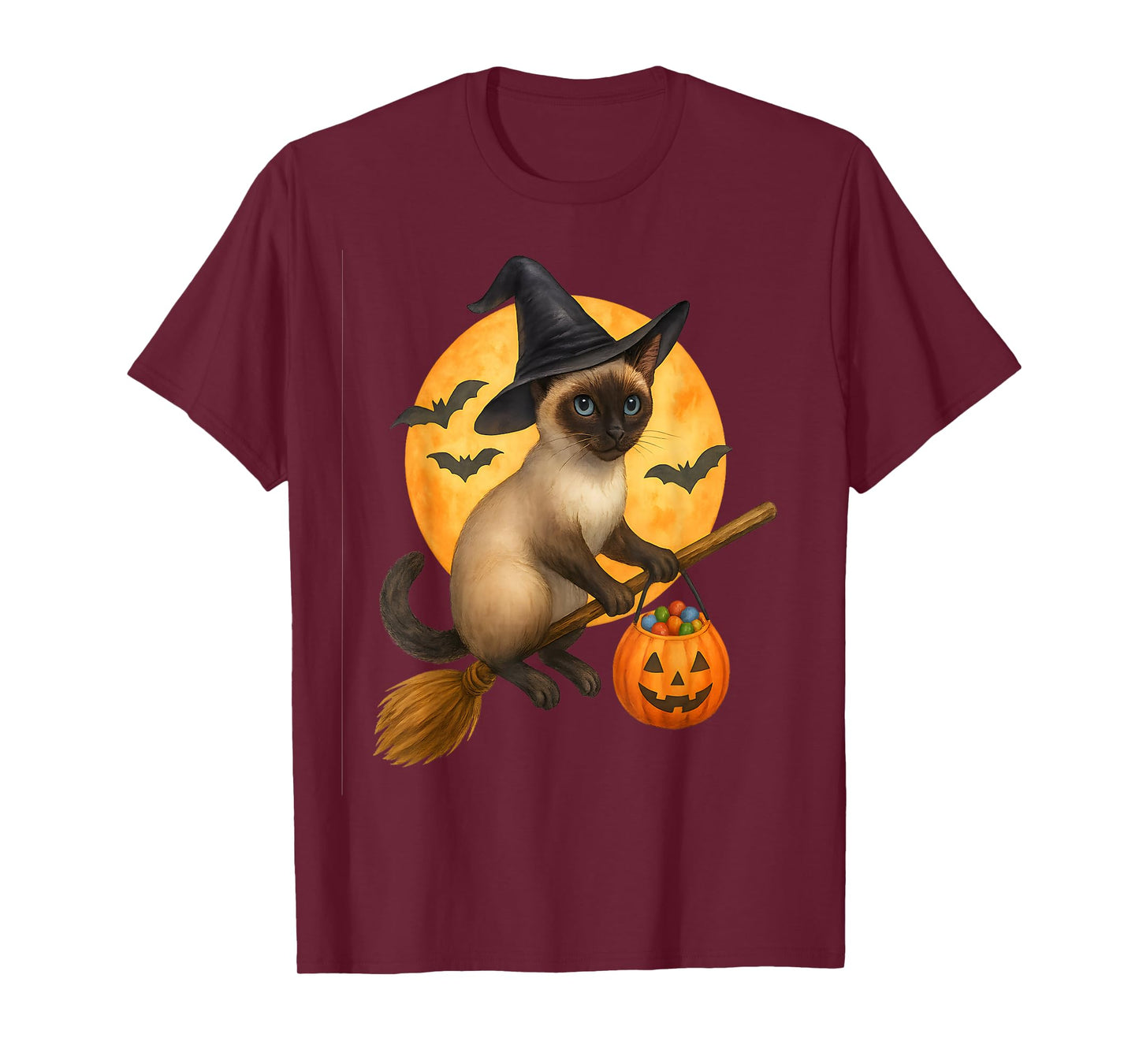 Cute Halloween Siamese cat Witch Flying on Broom with Candy T-Shirt