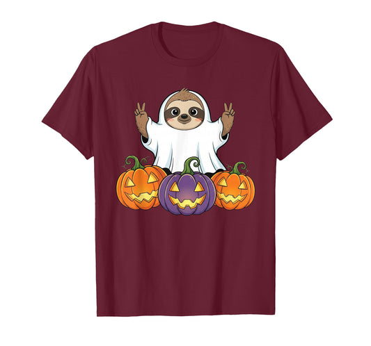 Funny Sloth Ghost Pumpkin Boo Halloween Kids Mens Womens T-Shirt