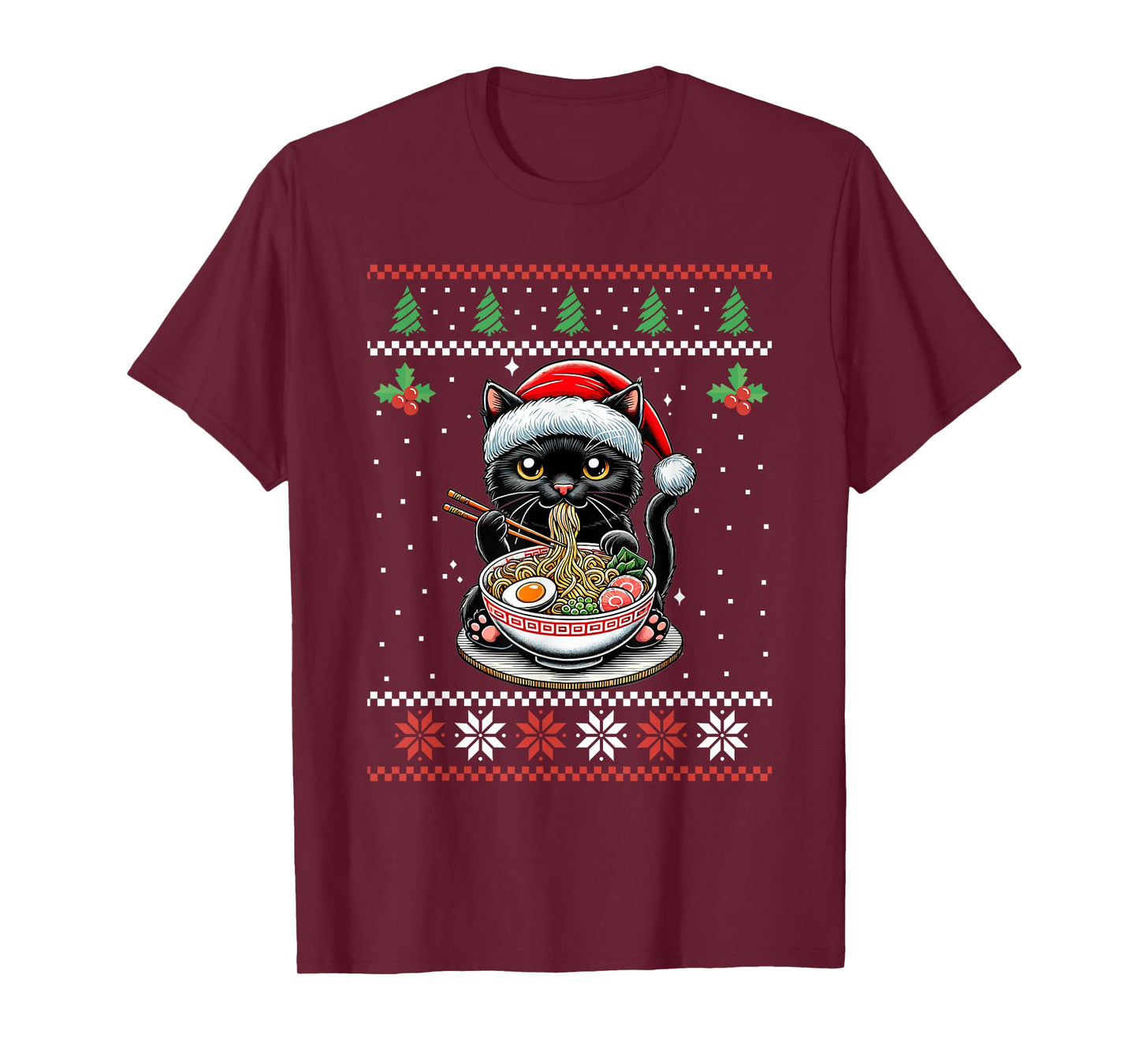 Cat Ramen Japanese Ugly Christmas Sweater Kitten Xmas T-Shirt