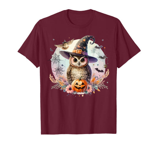 Owl Witch Hat and Pumpkin Funny Halloween Academia Witchy T-Shirt