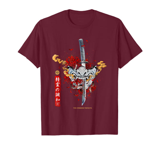 Red Spider Lily and Japanese Anime Retro Oni Samurai Mask T-Shirt