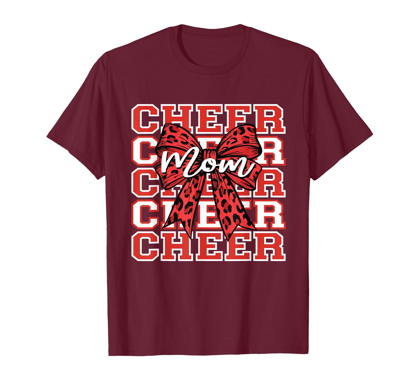 Football Cheer Mom Game Day Red Leopard Bow Cheerleading T-Shirt