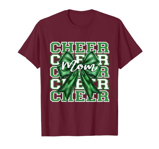 Football Cheer Mom Game Day Green Bow Cheerleading T-Shirt