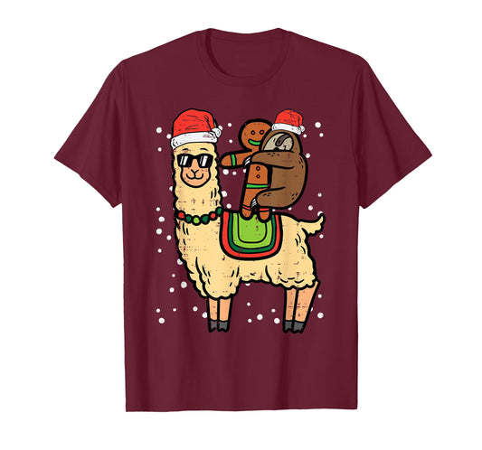 Christmas Sloth Gingerbread Riding Llama Xmas Men Women Kids T-Shirt