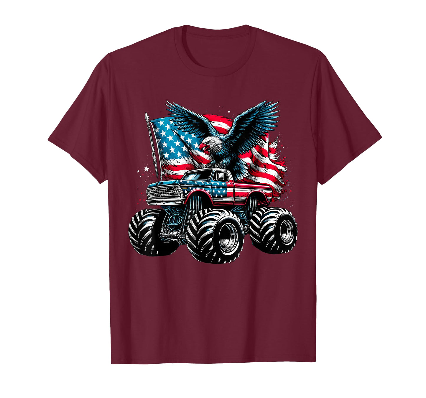 Monster Truck Bald Eagle 4th of July Boys American Flag T-Shirt