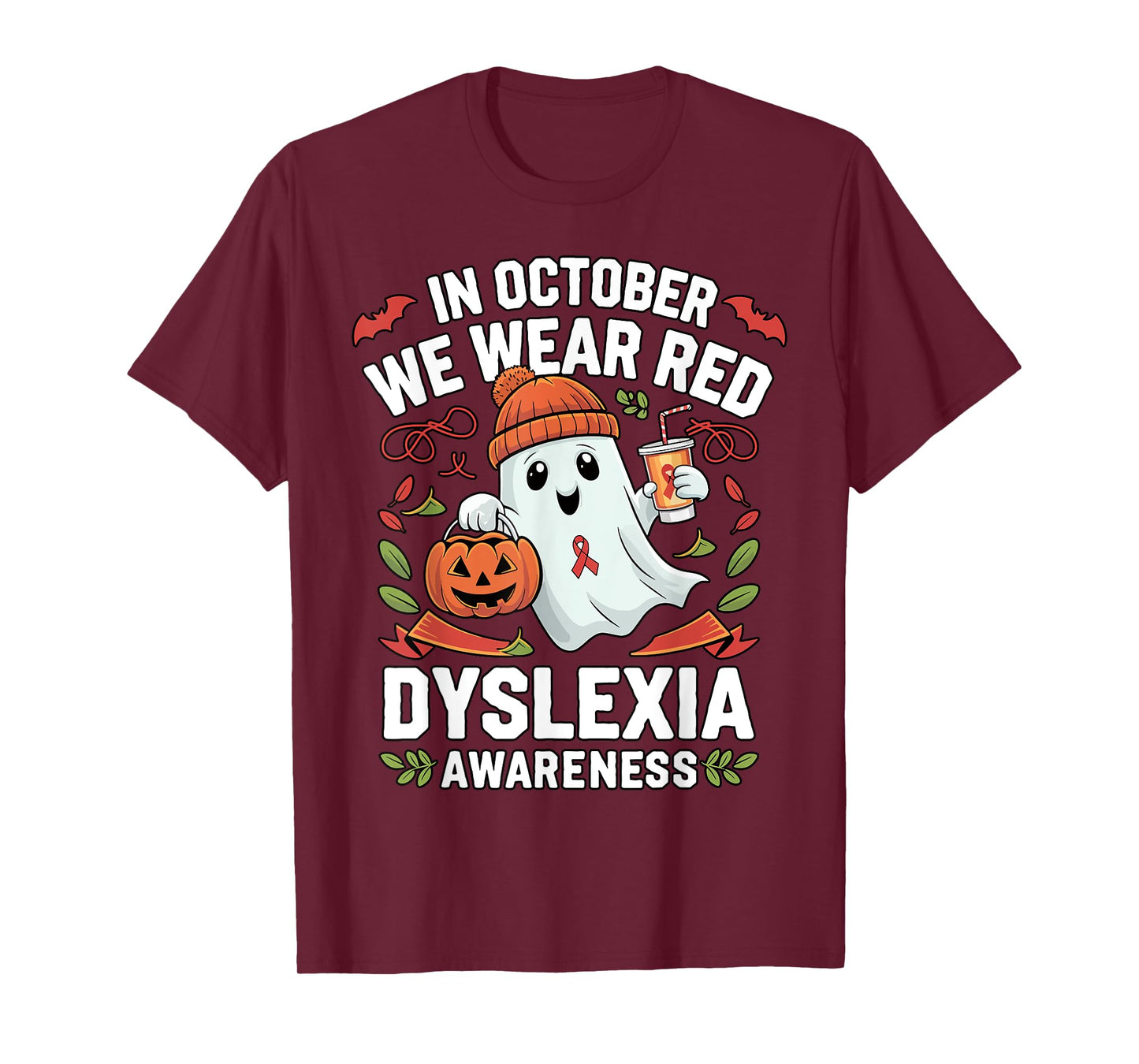 Awareness Ribbon October Wear Red Dyslexia Awareness Ghost T-Shirt