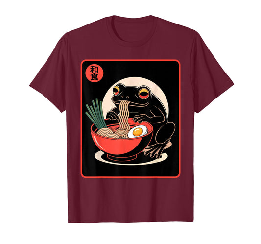 Black Frog Slurping Ramen Bowl Kawaii Japanese Food Funny T-Shirt
