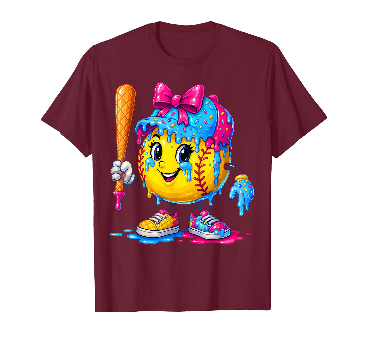 Softball Girls Ice Cream Drip Bat Sweet Sport Youth Game Day T-Shirt