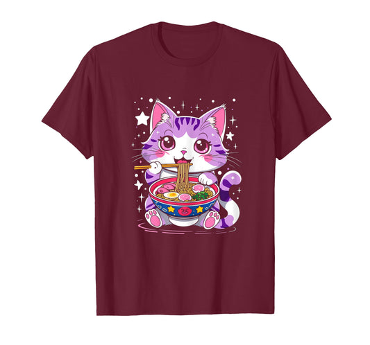 Kawaii Cat Eating Ramen Cat Japanese Funny Cat Anime Noodles T-Shirt