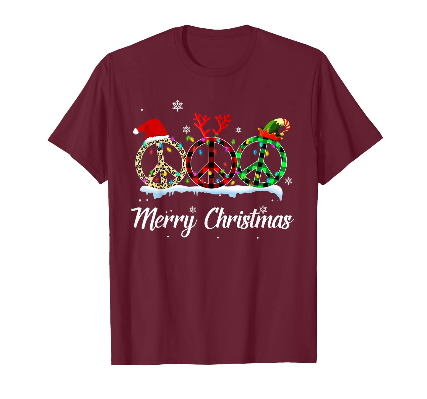 Hippie Peace Sign Santa Hat Reindeer Merry Christmas T-Shirt