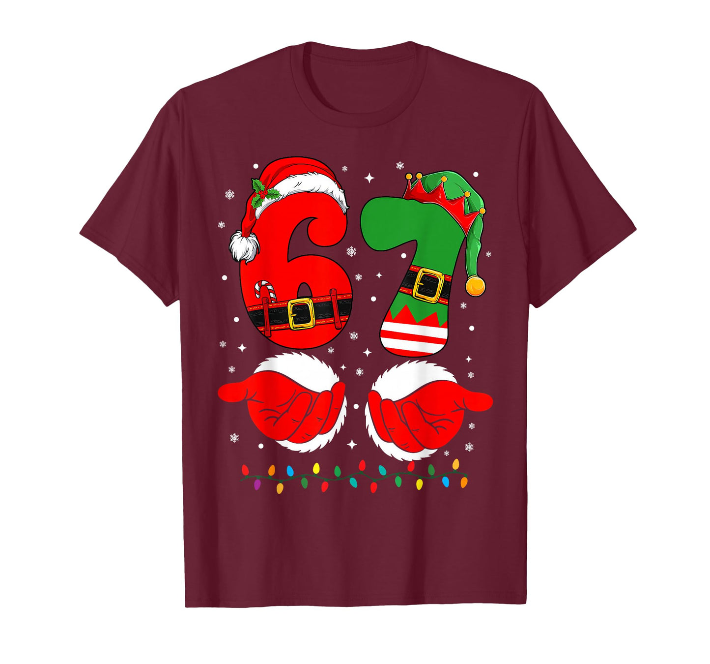 6 7 Six Seven Meme Christmas Santa Hands Elf Xmas Light T-Shirt