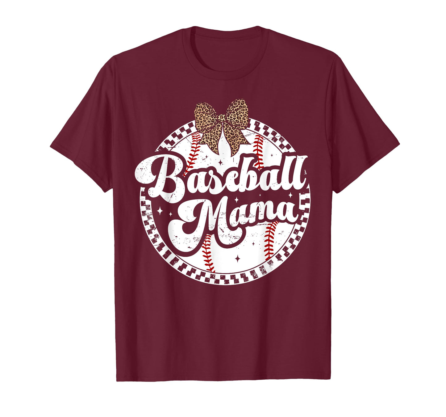 Baseball Mom Leopard Bow Checkered Mama Sports Game Day T-Shirt
