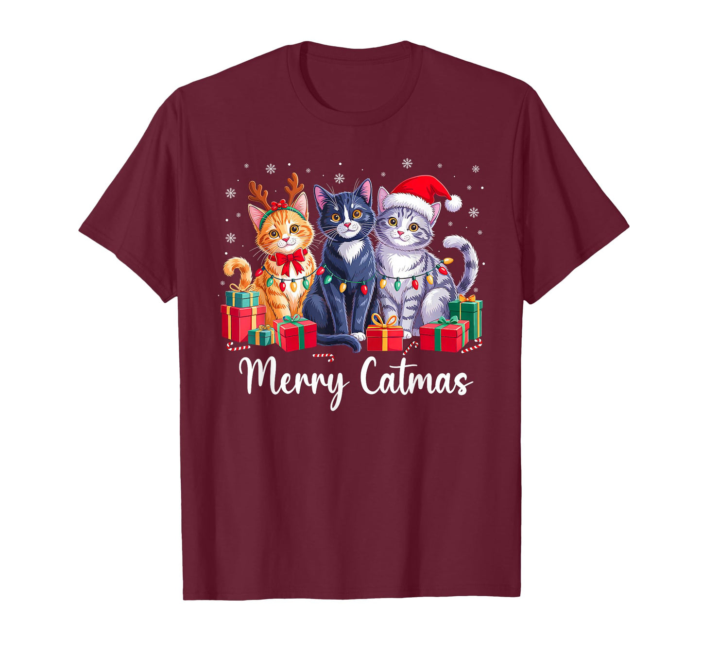 Merry Catmas Cat Christmas Light Reindeer Santa Cat Lover T-Shirt