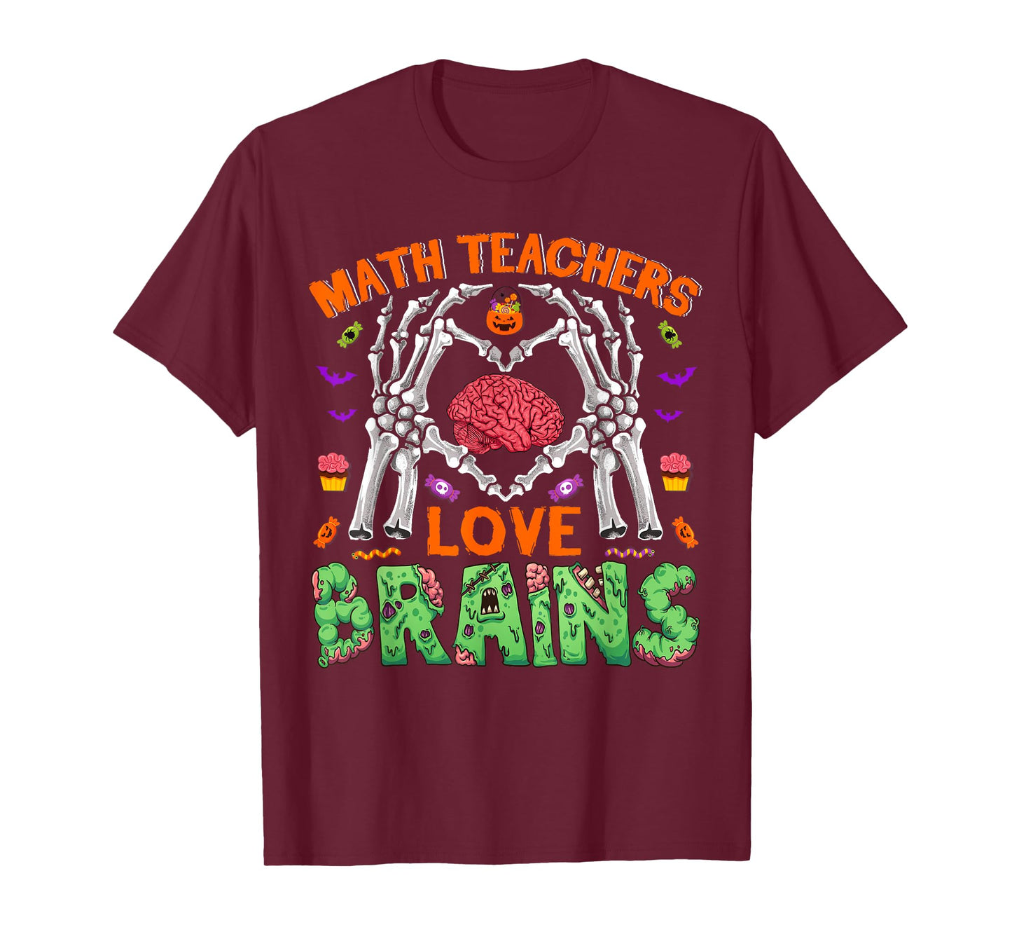 Math Teacher Love Brain Heart Skeleton Hand Zombie Halloween T-Shirt