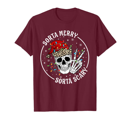 Funny Christmas Sorta Merry Sorta Scary Skeleton Peace Hand T-Shirt