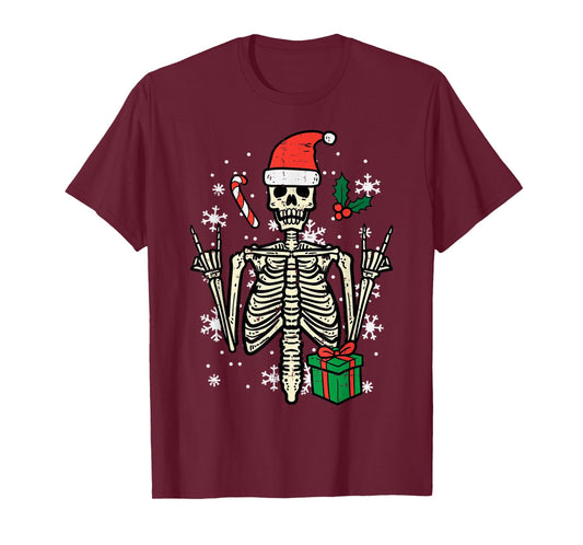 Christmas Rocker Skeleton Santa Rock Hand Xmas Men Boys Kids T-Shirt