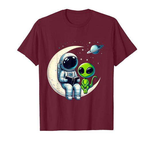Astronaut Reading Book To Alien Shirt Moon Space Lover Kids T-Shirt