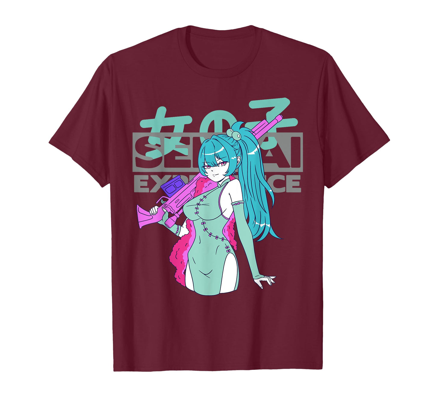 Sexy Waifu Anime Girl with Sniper Rifle and Blue Hair Senpai T-Shirt