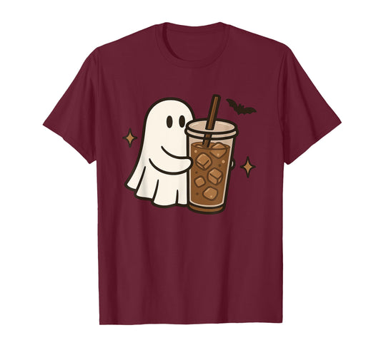 Cute Ghost Holding Iced Coffee Halloween Aesthetic Fall T-Shirt