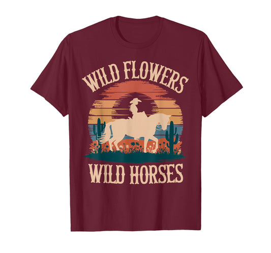 Vintage Sunset Western Country Wild Flowers - Wild Horses T-Shirt