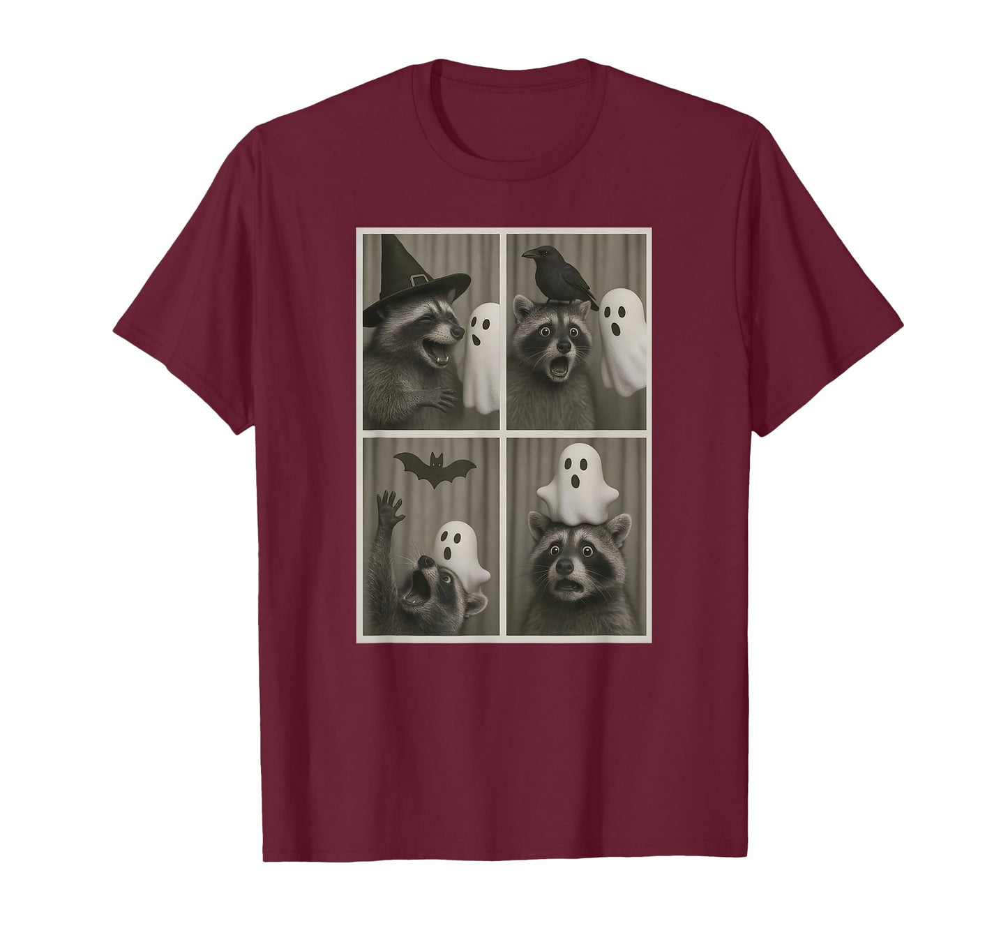 Funny Halloween Party Raccoon Photo Cabin Design T-Shirt