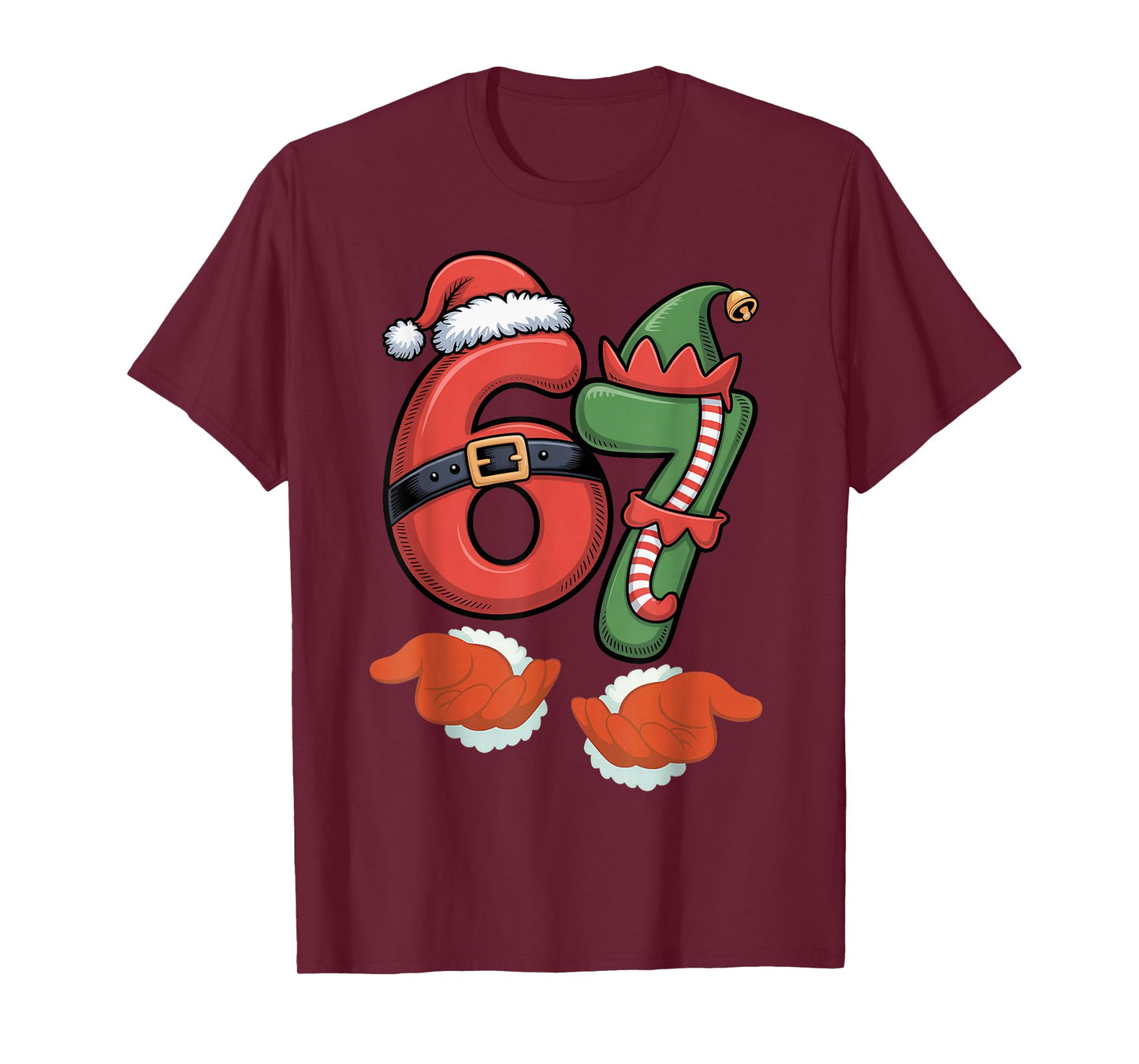 Viral 67 Christmas 67 Meme Santa Elf - SIX Seven Santa Hand T-Shirt