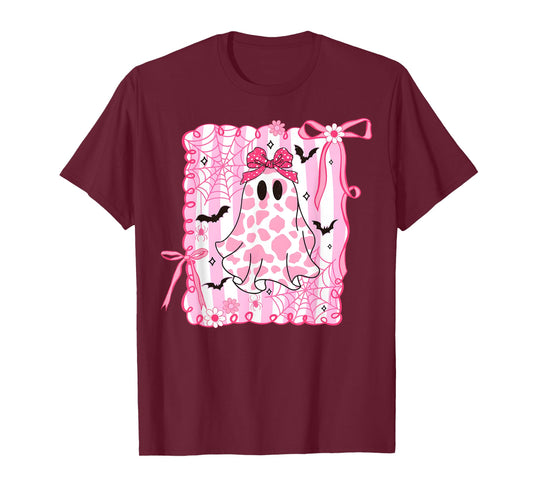 Cute Ghost Coquette Pink Bow Cow Print Halloween Spooky T-Shirt