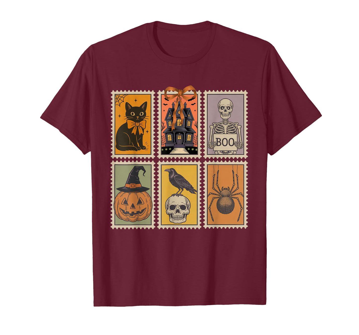 Vintage Halloween Stamp Cute Ghost Pumpkin Cat Retro Fall T-Shirt