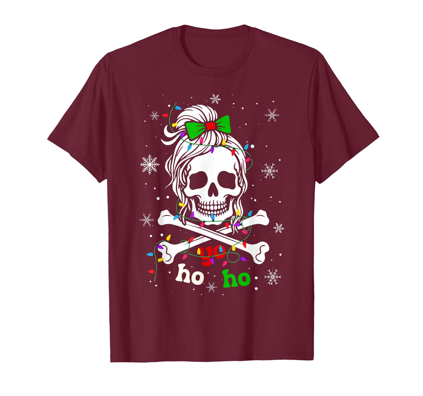 Yo Ho Ho Messy Bun Skeleton Skull Christmas Girls Women Xmas T-Shirt