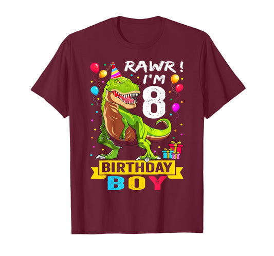 Kids 8 Year Old Shirt 8th Birthday Boy T Rex Dinosaur T-Shirt