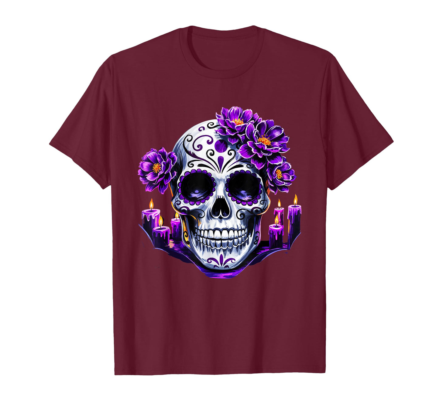 Purple Floral Black Sugar Skull Day of The Dead Mexican Pray T-Shirt