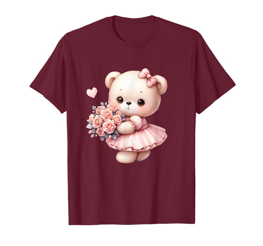 Coquette Teddy Bear Bow Simple Pink Cute Girl Graphic Tee T-Shirt