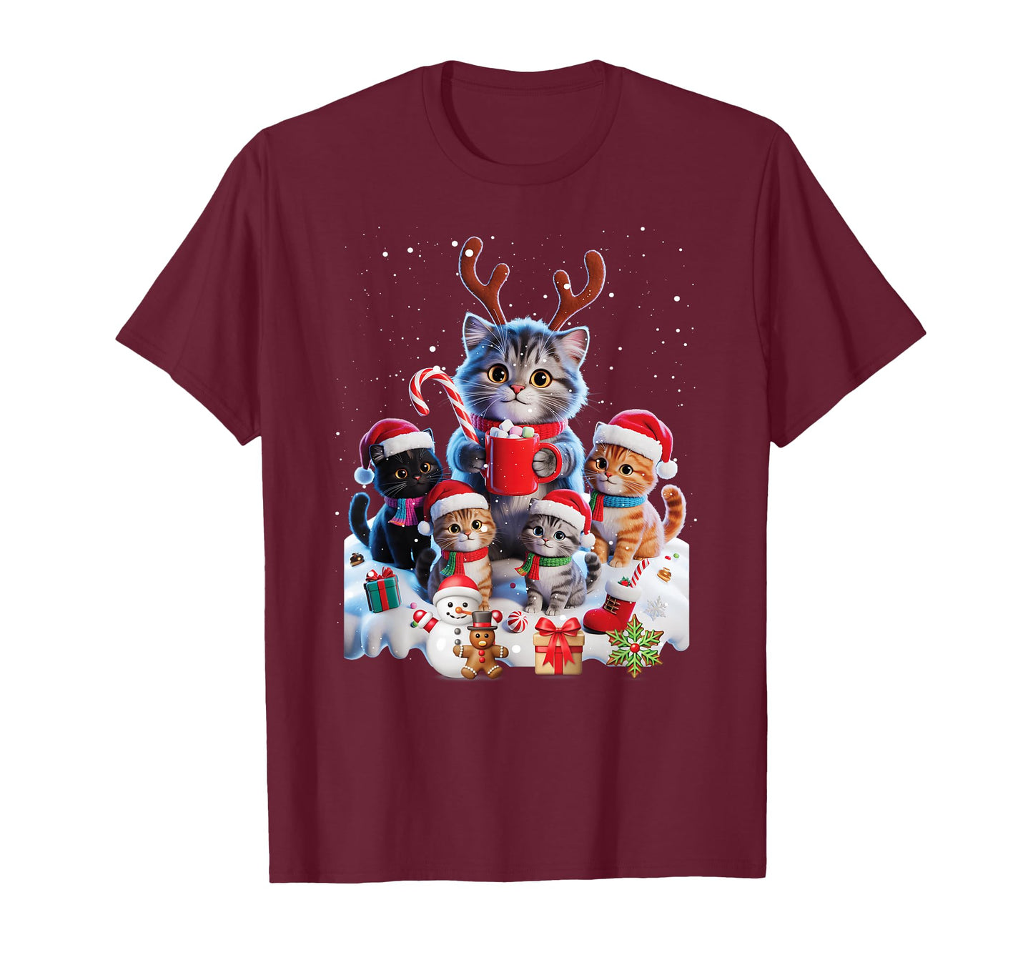 Christmas Cats Family Reindeer Santa Hats Snow Candy Cane T-Shirt