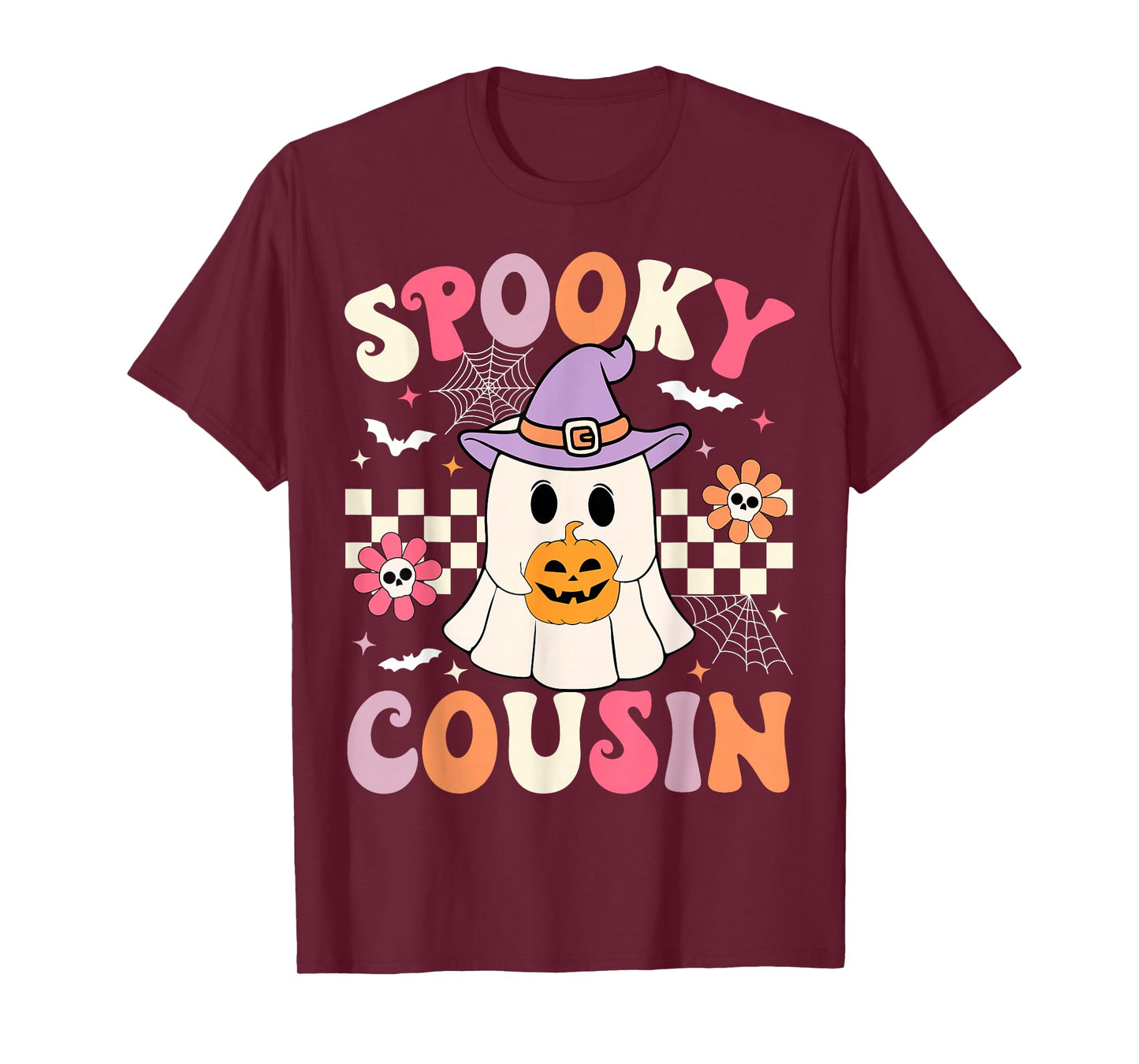 Groovy Spooky Cousin Retro Ghost Holding Pumpkin Halloween T-Shirt