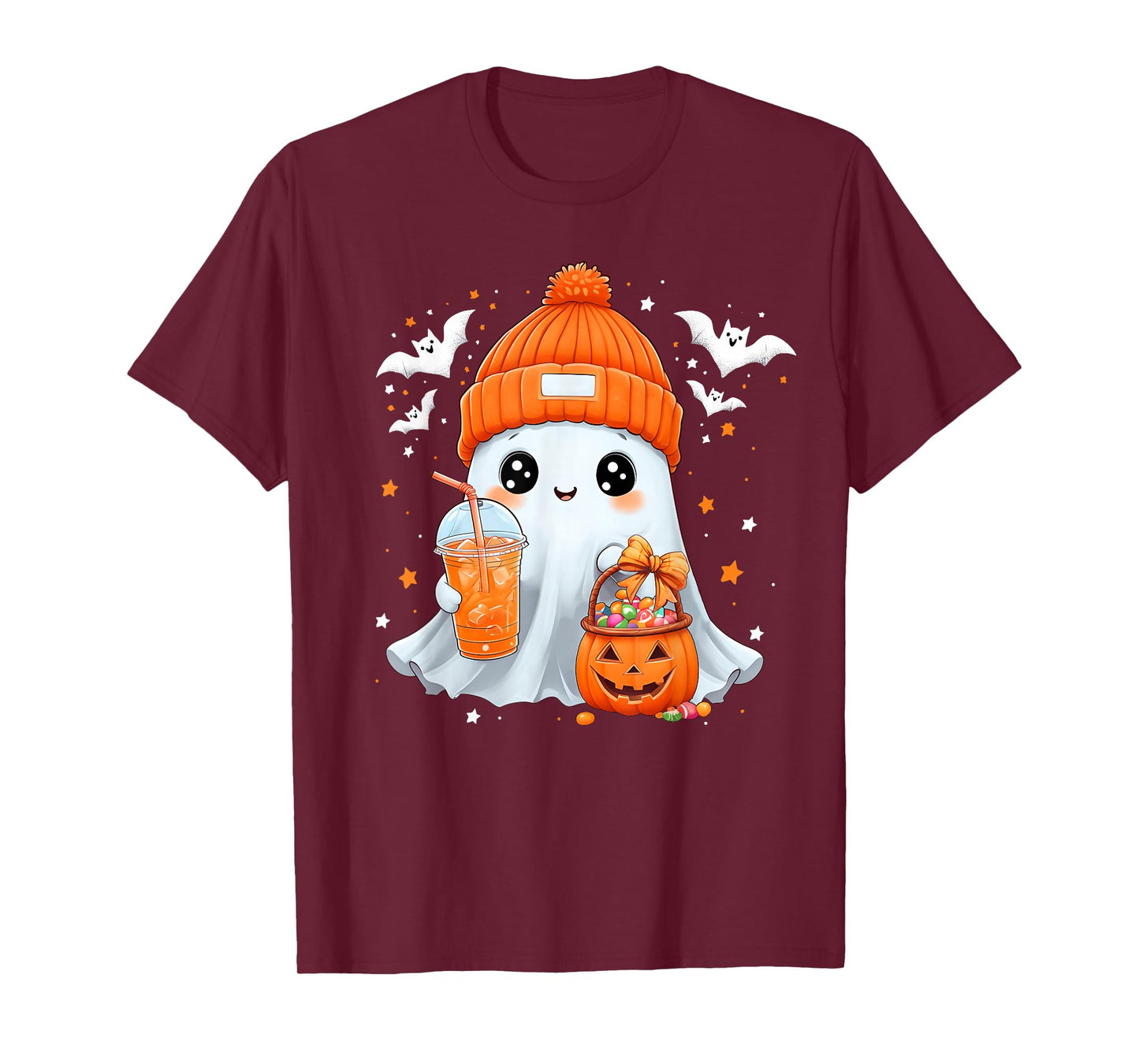 Cute Halloween Ghost Drink Pumpkin Spice Beanie Girl Women T-Shirt