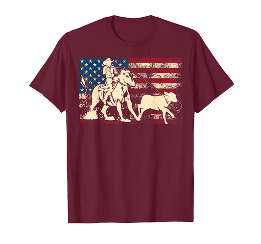 Funny Team Roping Rodeo Gift US Flag Cool Cowboy Men Women T-Shirt