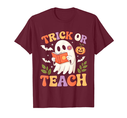 Cute Ghost Boo Trick Or Teach Retro Halloween Teacher Kids T-Shirt