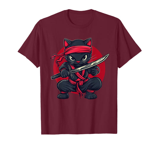 Cat Ninja Samurai Japan Japanese Flag Kawaii Funny Graphic T-Shirt