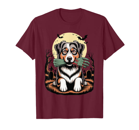 Halloween Moon Zombie Hand Australian Shepherd Aussie Dog T-Shirt