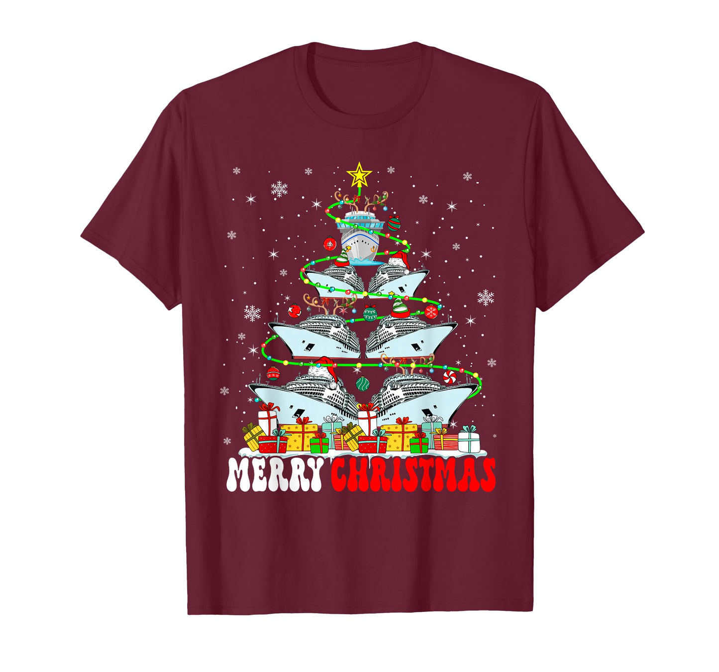 Merry Christmas Reindeer Elf Santa Cruise Ships Xmas Tree T-Shirt