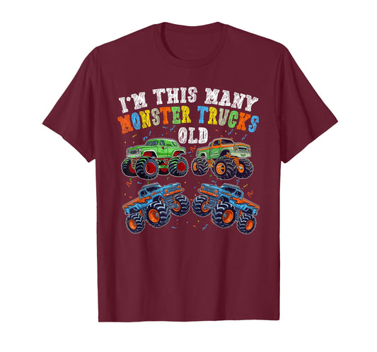 4th Birthday 4 Years Old - I'm This Many Monster Trucks Old T-Shirt